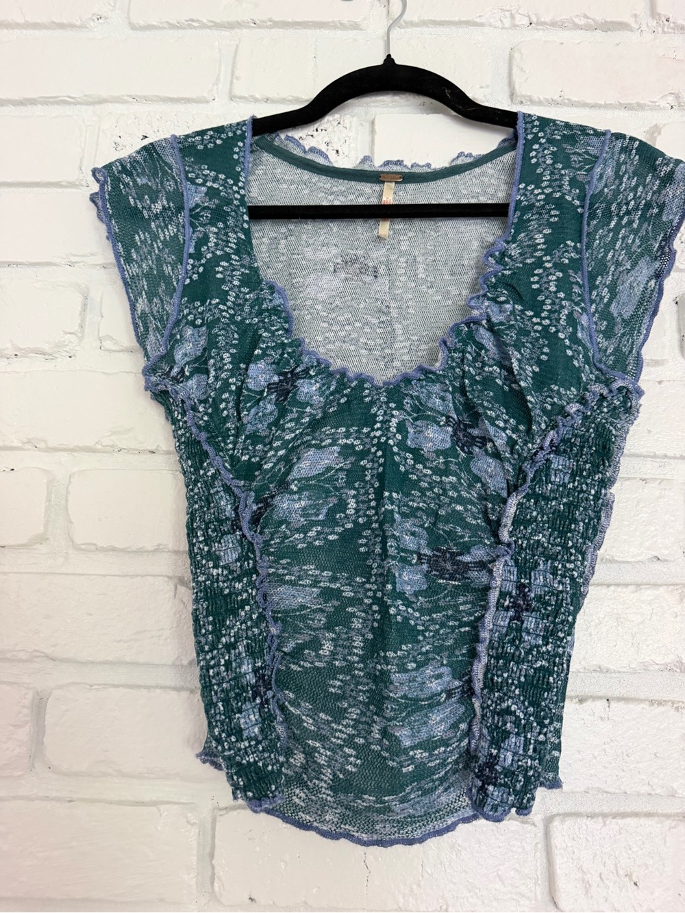 Free People Green Floral Knit Top with Blue Trim